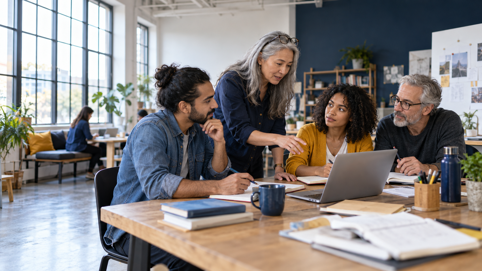 Adults learning and working together around a table